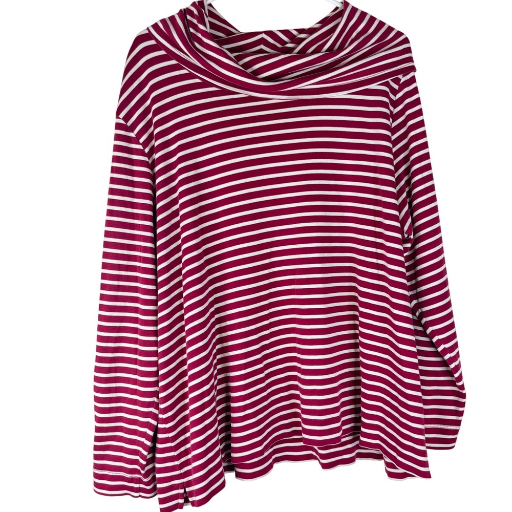LL Bean Top Womens 3X Burgundy White Striped Supima Cotton Cowl Neck Long Sleeve